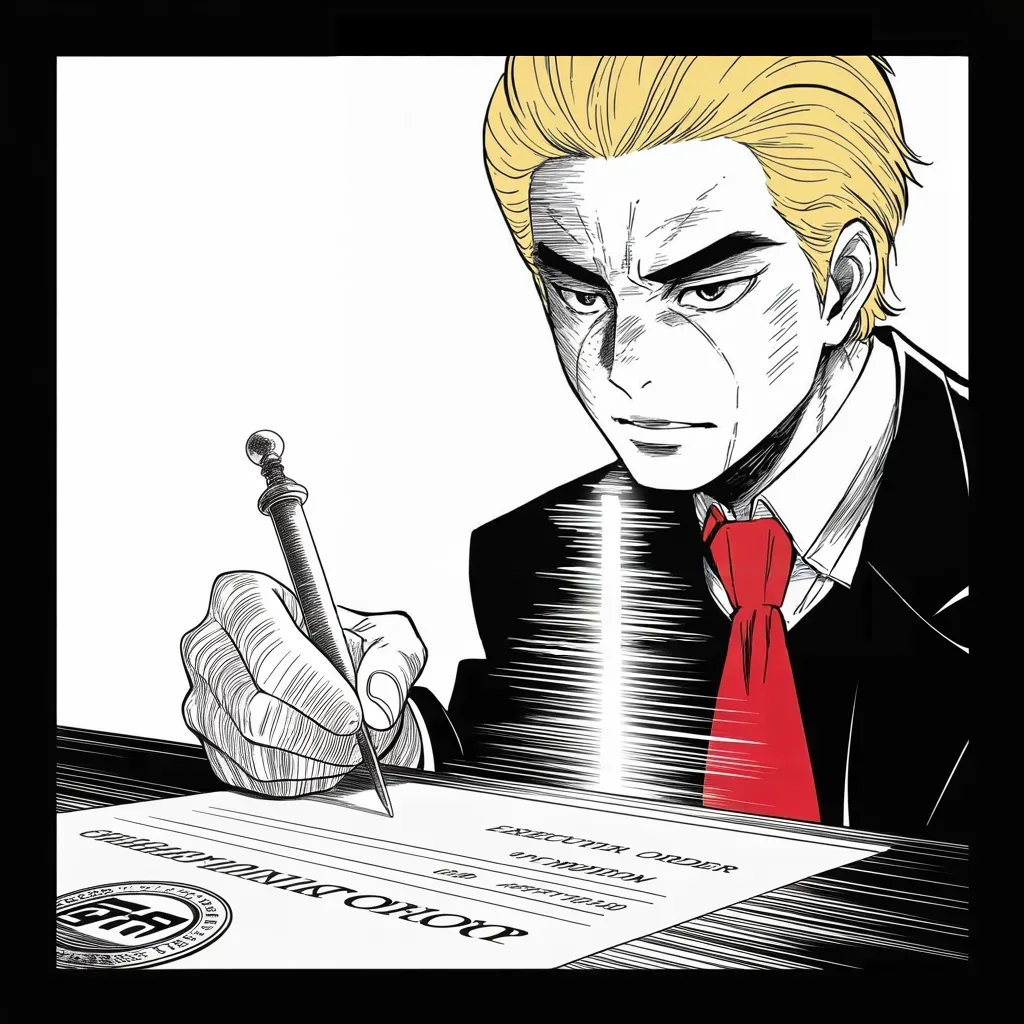 Manga panel 2 of 5, Week 158 “The Fixer”: As the outcry peaks he signs an order to halt the separations, telling the country not to worry — he and his party will fix it.