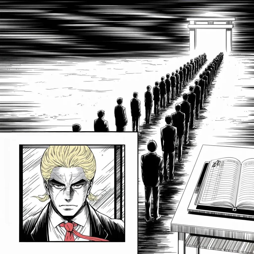 Manga panel 4 of 5, Week 158 “The Fixer”: He pivots to the argument he prefers: the system is unfair to those who waited in line, and entry should be earned on merit.