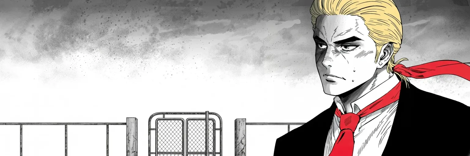 Manga panel 5 of 5, Week 158 “The Fixer”: One week past the summit peak, the descent begins — the border firestorm the first battle of a longer, harder road. The chapter closes as the ground tilts downward.