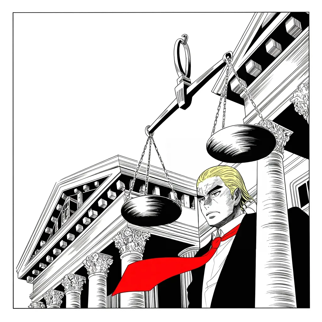 Manga panel 2 of 5, Week 159 “Helsinki”: The nation's highest court hands him a victory: the travel ban he fought for is upheld. He answers with a single astonished word.