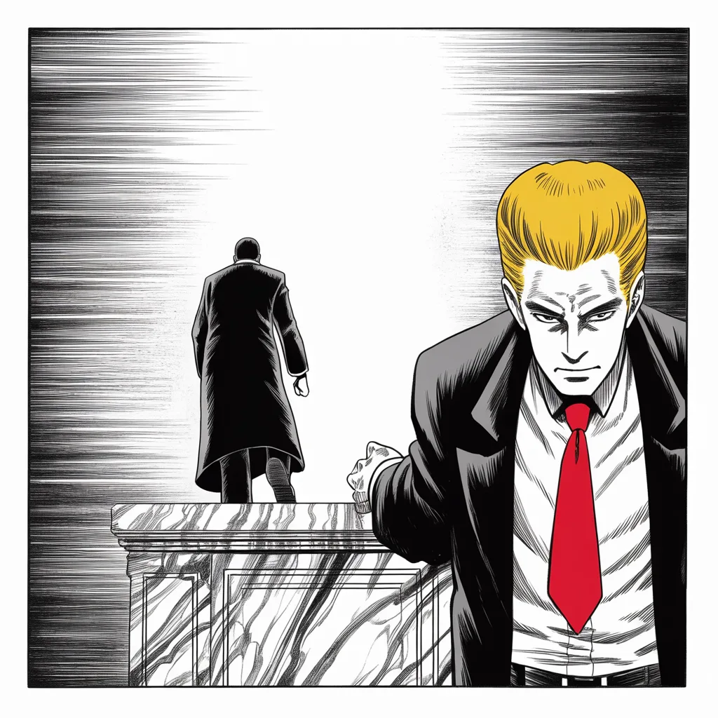 Manga panel 2 of 5, Week 160 “Helsinki”: He fills the open seat. Under ceremonial lights he presents his nominee for the highest court — his honor and privilege, he says.