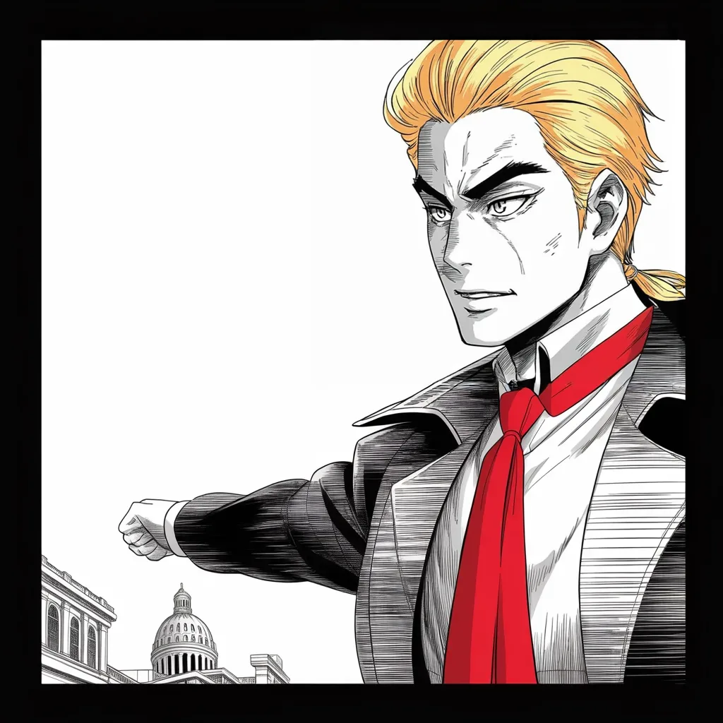 Manga panel 3 of 5, Week 160 “Helsinki”: He rounds on Congress over the border, demanding in all capitals that the immigration laws he calls insane be fixed at once.