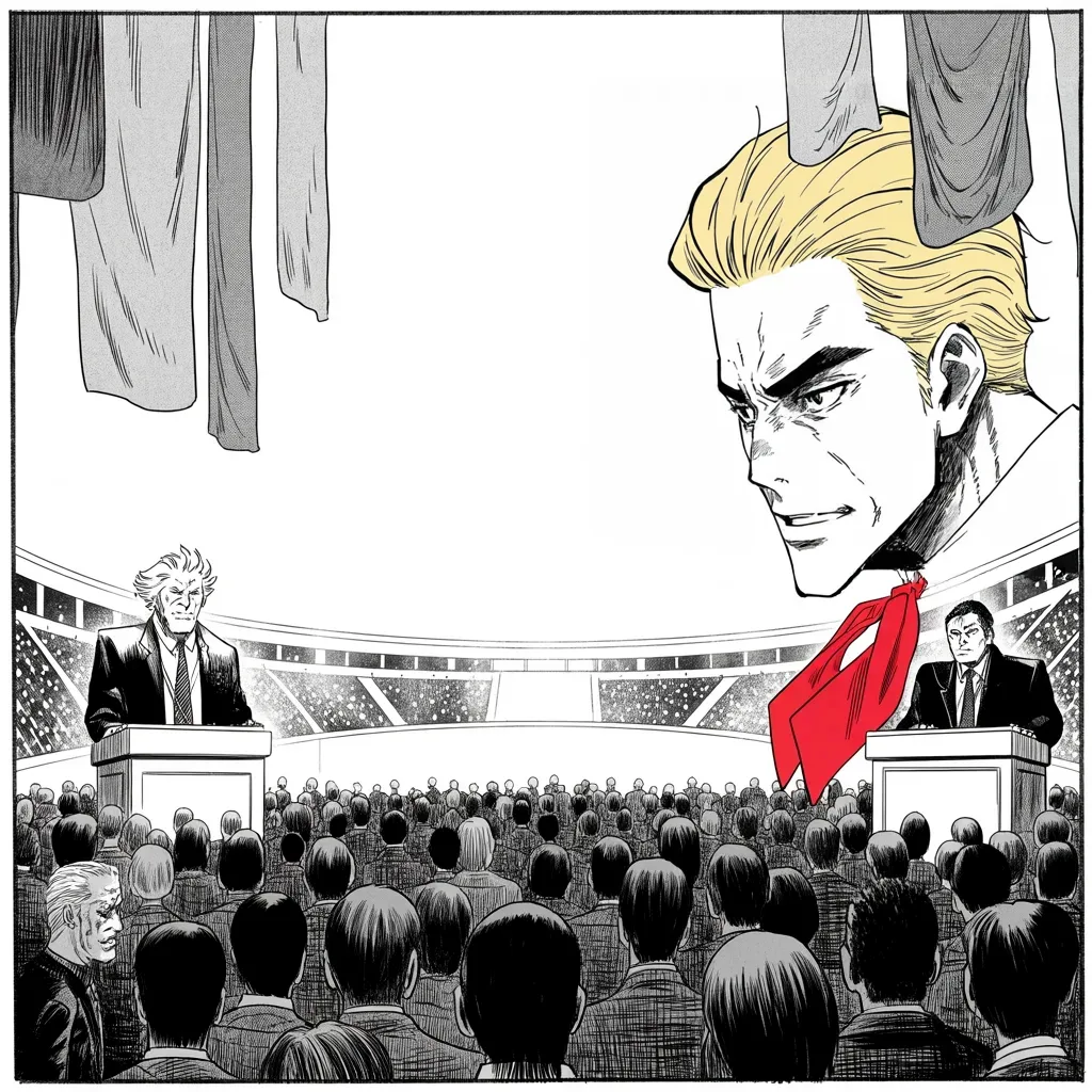 Manga panel 3 of 5, Week 161 “Helsinki”: Then the lonely stage. Two lecterns, immense flags, the whole world watching — he stands beside the northern strongman and casts the meeting as peace over politics.