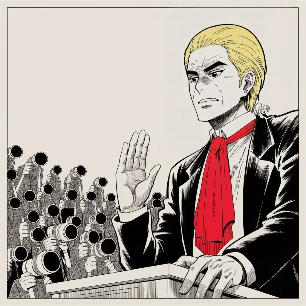 Manga panel 4 of 5, Week 161 “Helsinki”: The firestorm forces a correction. Back before the cameras, he insists he has great confidence in his own intelligence people after all.