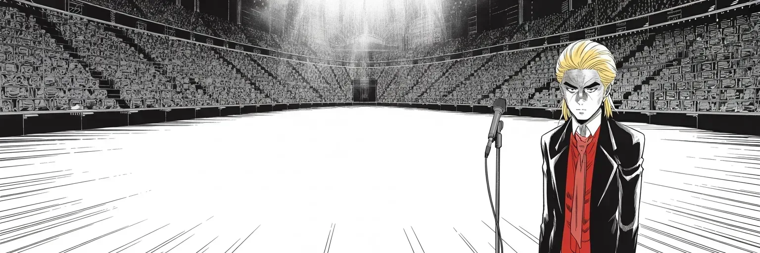 Manga panel 5 of 5, Week 161 “Helsinki”: The stage empties. He is left alone on it, the roar of the world's fury still ringing, having gambled more on a single handshake than any summit before.