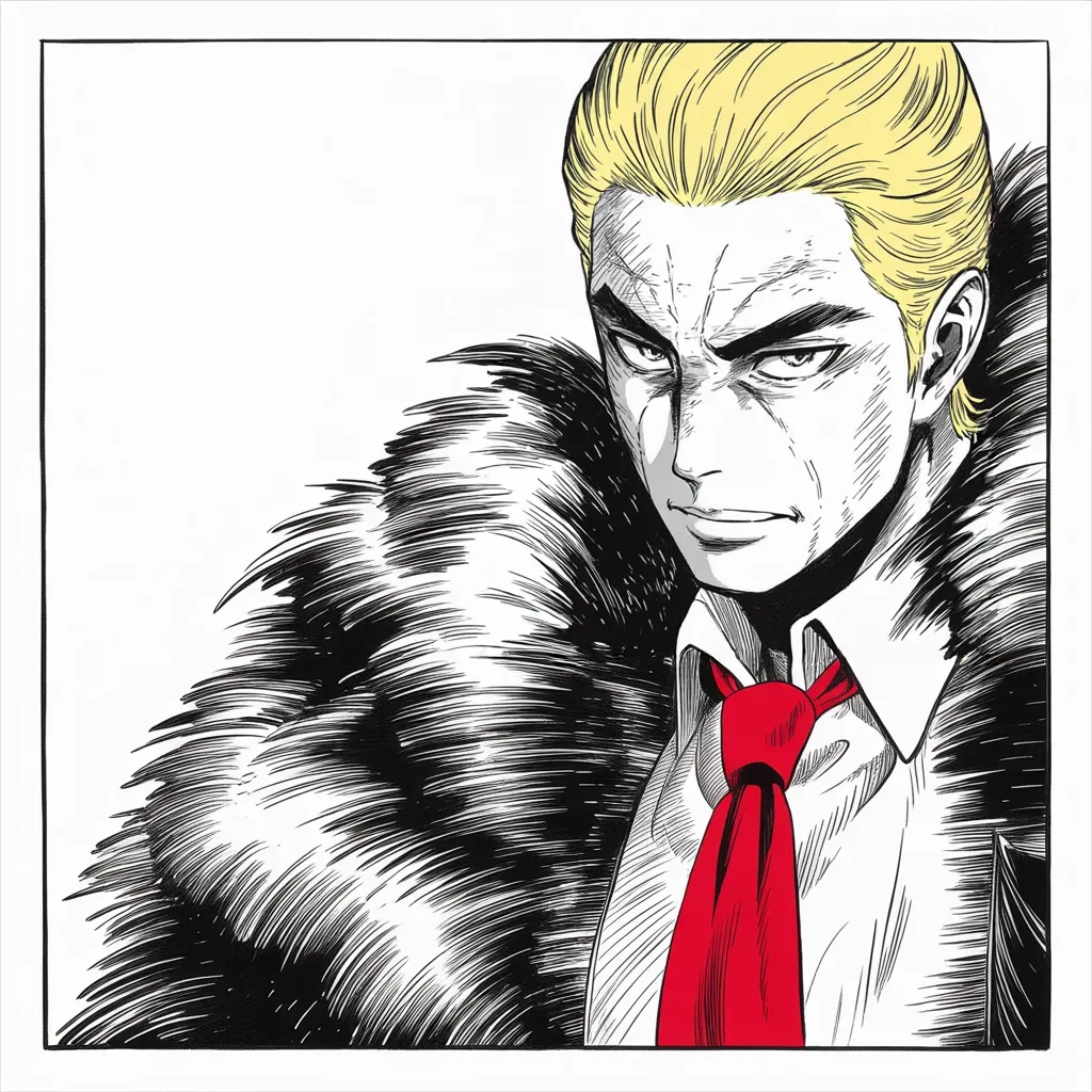 Manga panel 2 of 5, Week 162 “Helsinki”: Then he turns east. In roaring all-capitals he warns the leader of Iran never to threaten America again, or suffer consequences few in history ever have.