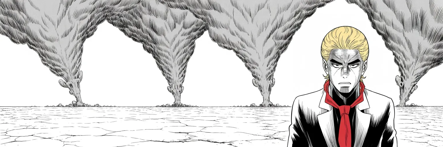 Manga panel 5 of 5, Week 162 “Helsinki”: Four storms at once — Russia's fury, Iran's threat, the trade war, the fixer's tape — and he stands in the center of all of them, swinging outward.