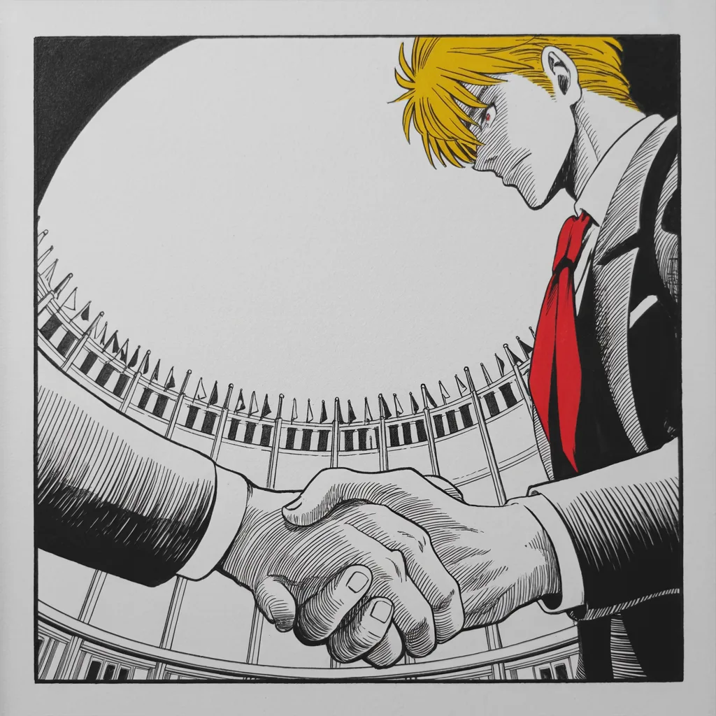 Manga panel 2 of 5, Week 163 “Helsinki”: Then, briefly, a truce. Across the table from Europe he shakes hands and calls it a big day for free and fair trade.