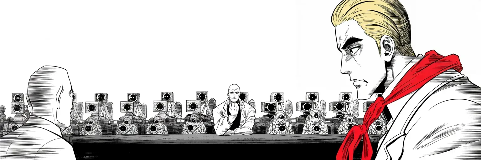 Manga panel 5 of 5, Week 163 “Helsinki”: He meets the lord of the great newspaper face to face, and they speak of the phrase he has minted for the press: the enemy of the people.