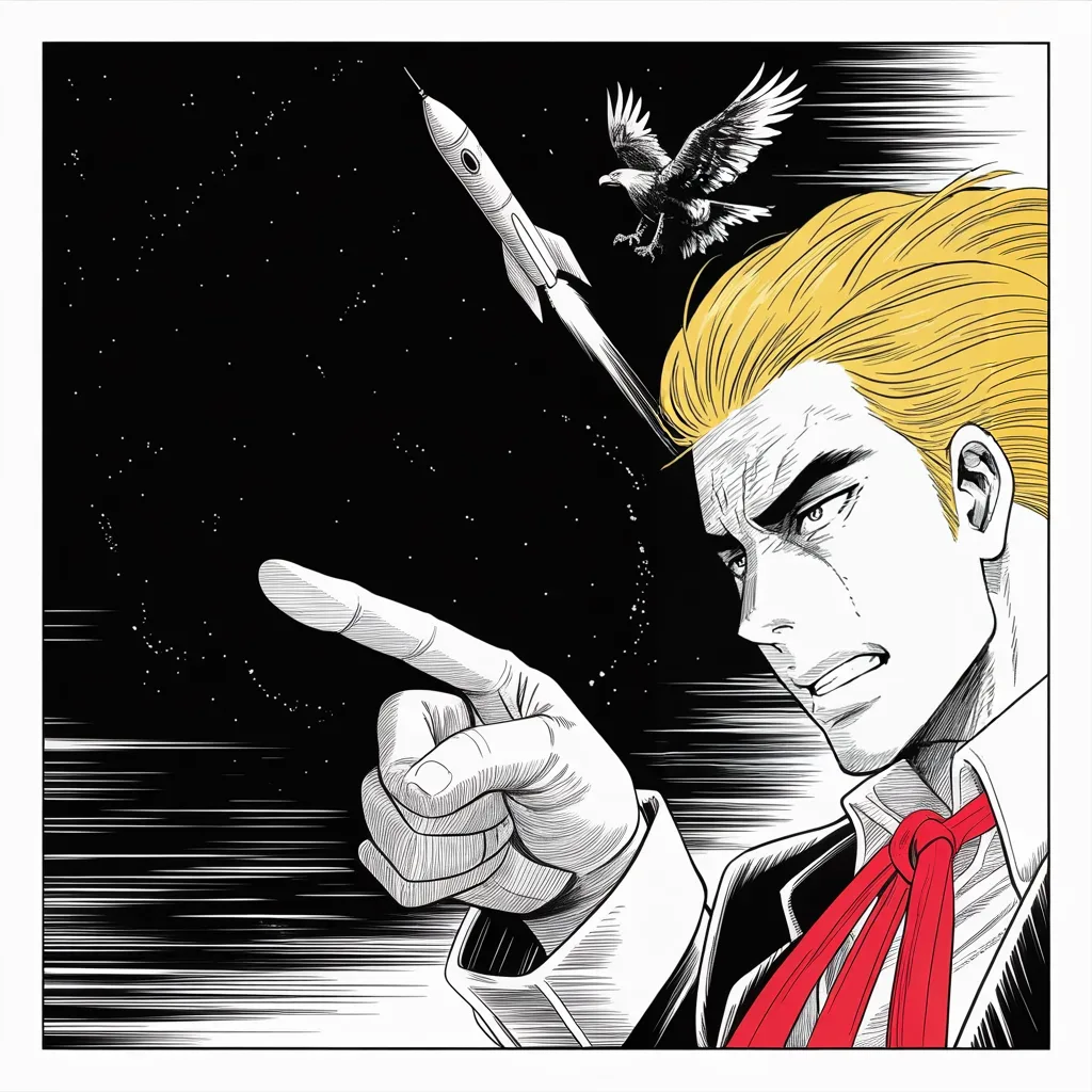 Manga panel 4 of 5, Week 165 “Helsinki”: He points to the sky and christens a new branch of the military, in three triumphant words.