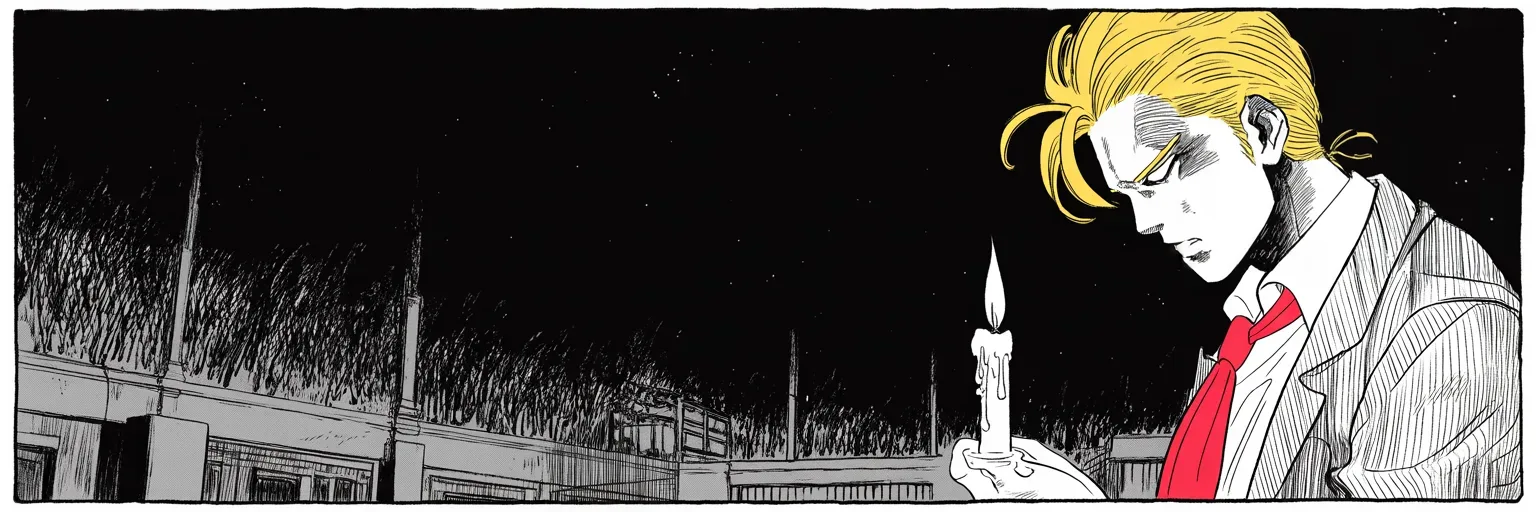 Manga panel 5 of 5, Week 165 “Helsinki”: A year on from the worst day of his last great war, he marks the anniversary quietly, calling for the nation to come together and condemning all violence.