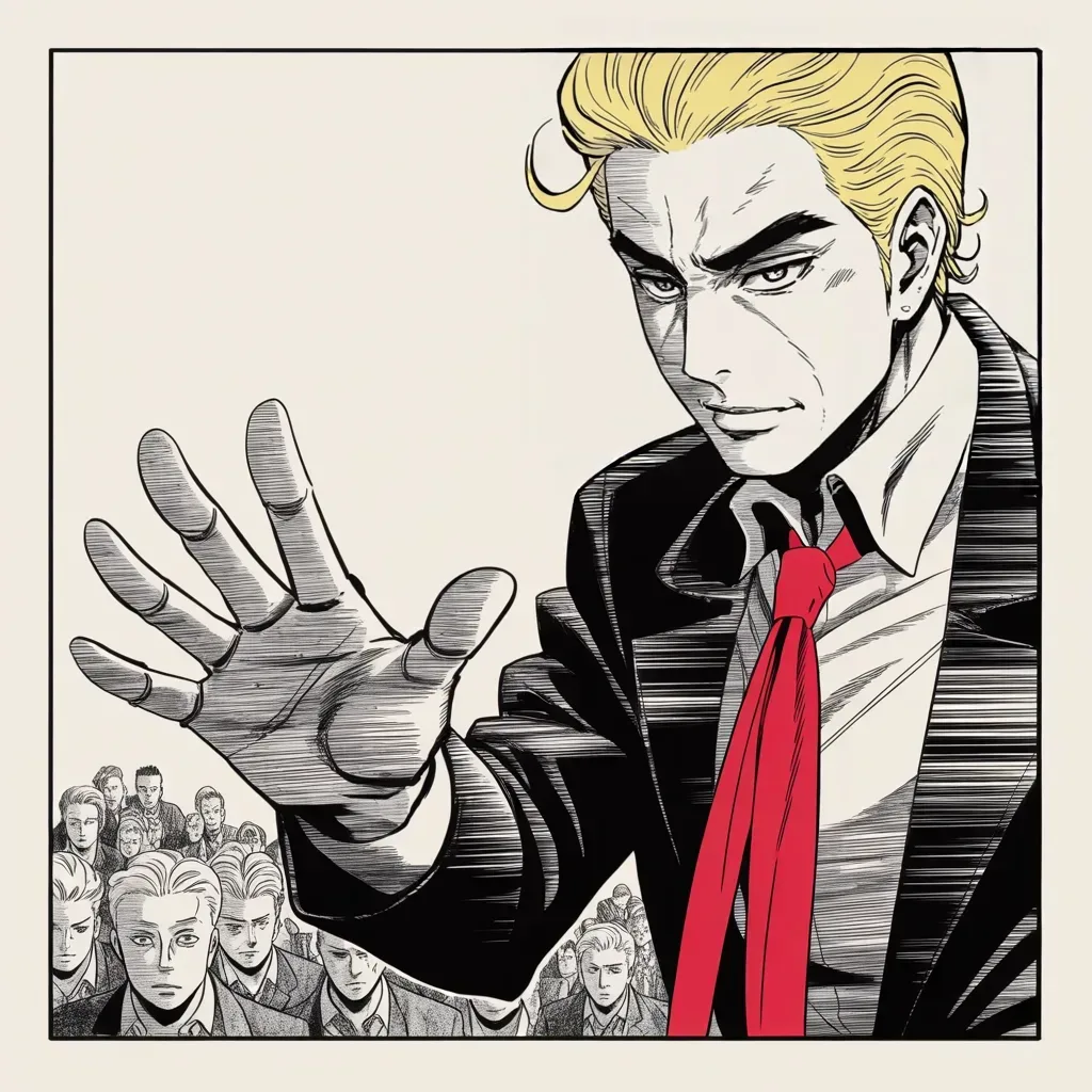 Manga panel 4 of 5, Week 167 “Helsinki”: The guilty plea he waves away as no crime at all — a campaign matter, he says, that a predecessor once settled easily.