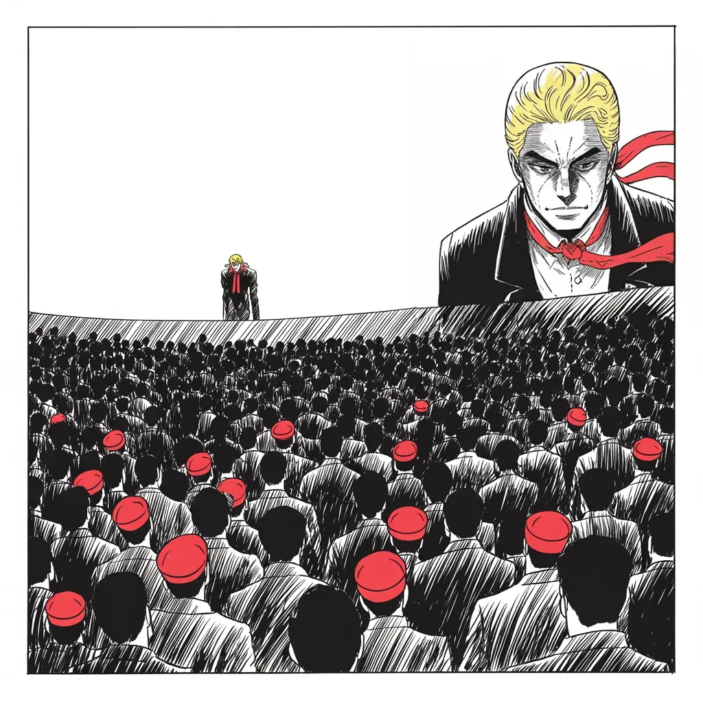 Manga panel 4 of 5, Week 168 “Anonymous”: At the rallies the old slogan turns forward-looking. The promise to make the country great again, he says, is already morphing into keeping it great.