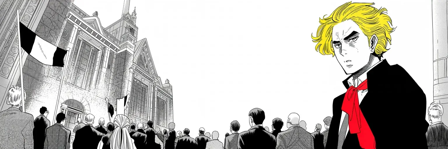 Manga panel 5 of 5, Week 168 “Anonymous”: And across the city an old rival is laid to rest in a great cathedral — the one gathering to which the king was not invited. He watches from outside, alone.