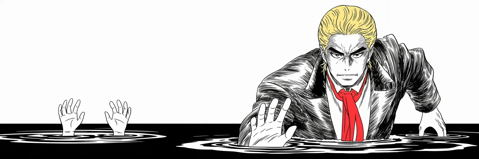 Manga panel 5 of 5, Week 169 “Anonymous”: He casts it all as one struggle: he is draining the swamp, and the swamp is fighting back. Do not worry, he tells his people — we will win.