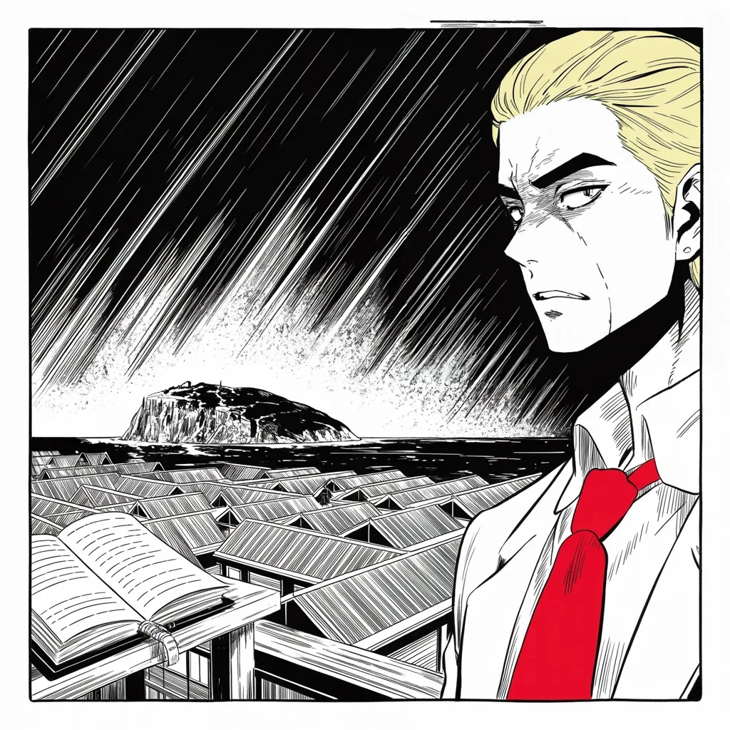 Manga panel 2 of 5, Week 170 “Anonymous”: Then a bitter dispute: as a storm-battered island counts its dead, he disputes the toll, insisting three thousand people did not die.