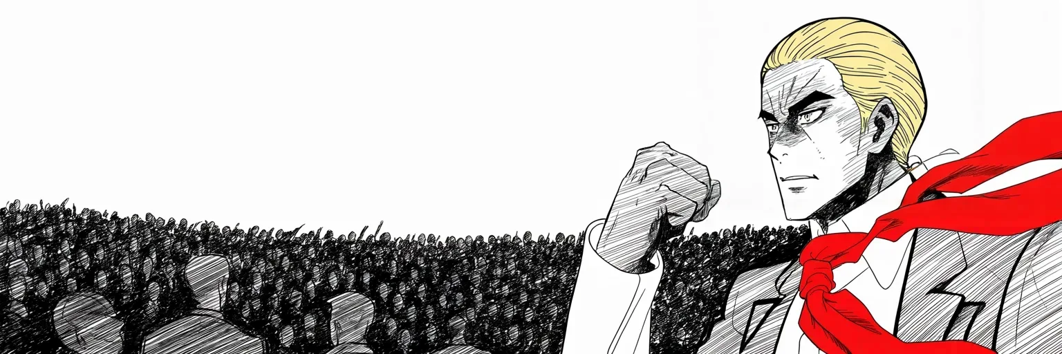 Manga panel 5 of 5, Week 171 “Anonymous”: And he lifts the whole fight into the campaign, turning to the rally crowds with a single command: remember the midterms.