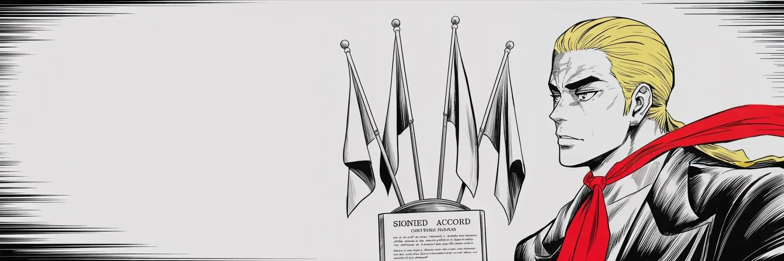 Manga panel 5 of 5, Week 172 “Anonymous”: And amid the storm, a win: a new trade pact with both neighbors is sealed at the deadline, three nations bound into one agreement.