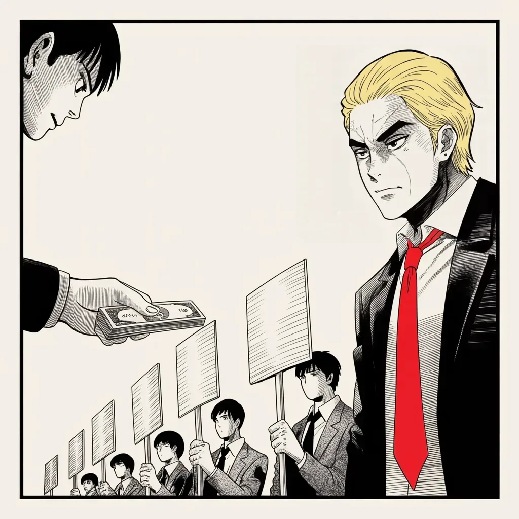 Manga panel 2 of 5, Week 173 “Anonymous”: He dismisses the protesters filling the halls as paid professionals with identical, manufactured signs — not anger, but a show.