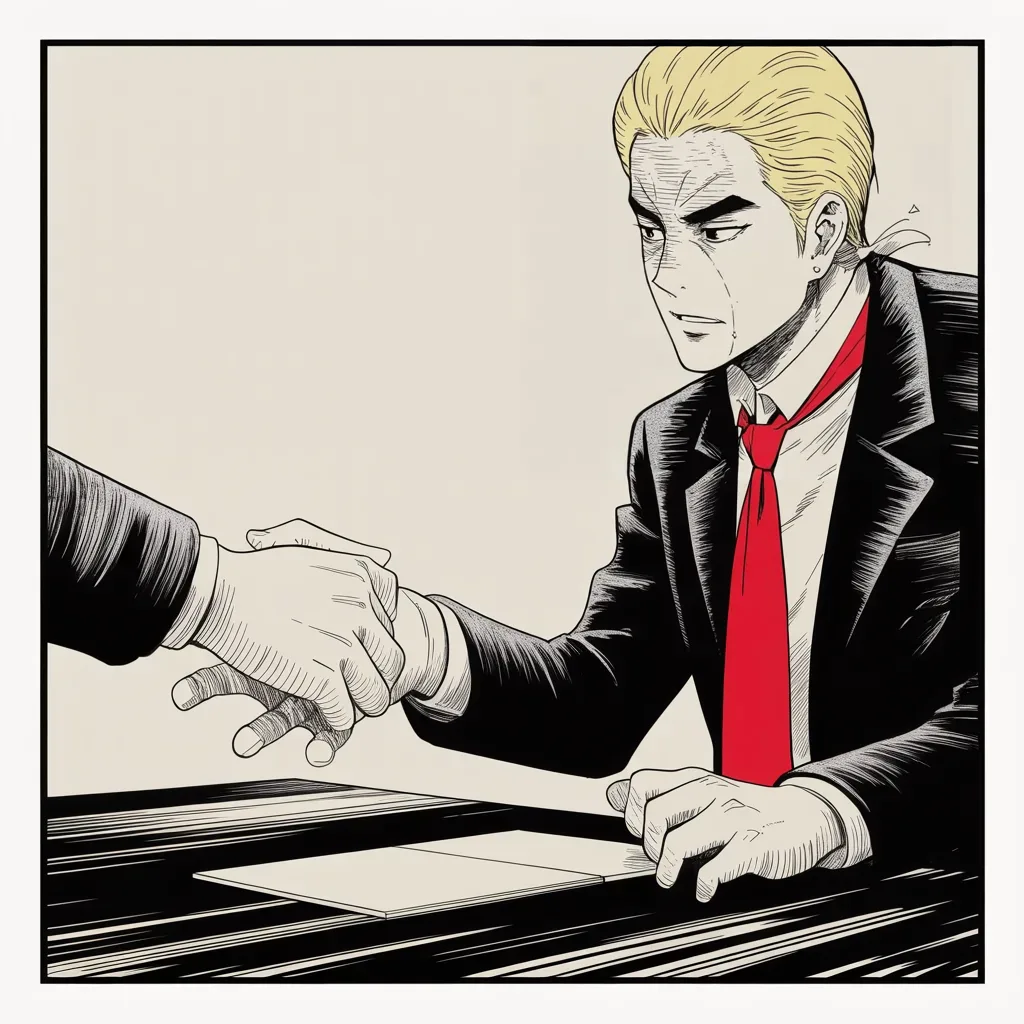 Manga panel 2 of 5, Week 174 “Anonymous”: He is quick to deny any bargain, insisting there was no deal — he does not, he says, make deals for hostages.