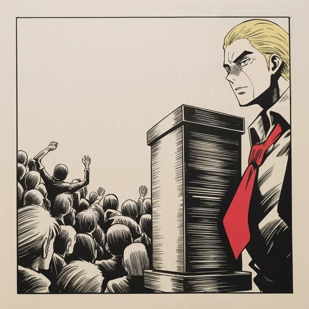 Manga panel 4 of 5, Week 174 “Anonymous”: At home he sharpens the campaign to a single image: the only way to stop the mob, he quotes, is to stop them cold at the ballot box.