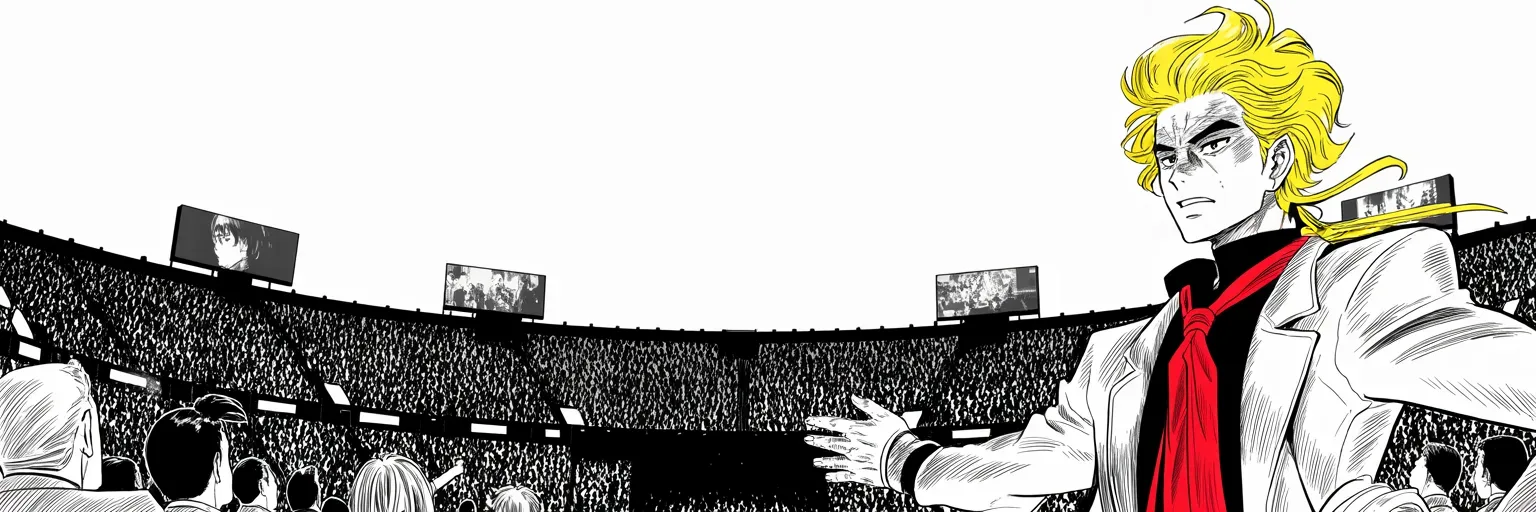 Manga panel 5 of 5, Week 174 “Anonymous”: And the rallies swell past anything he has seen. Never an empty seat, thousands watching outside — something big, he tells them, is happening.