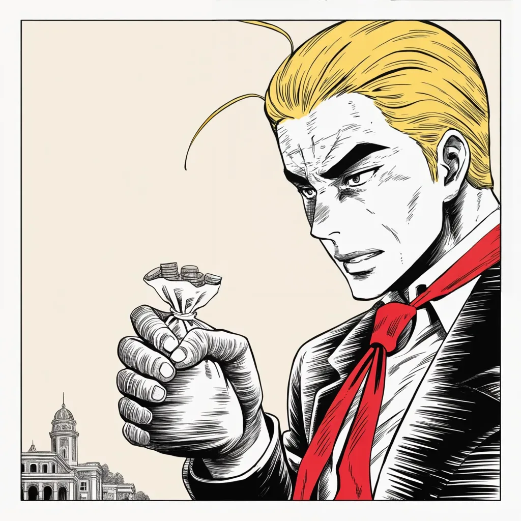 Manga panel 2 of 5, Week 175 “Anonymous”: He reaches for the purse as a weapon, warning a Central American nation that if the caravan is not turned back, all its aid will be cut off.
