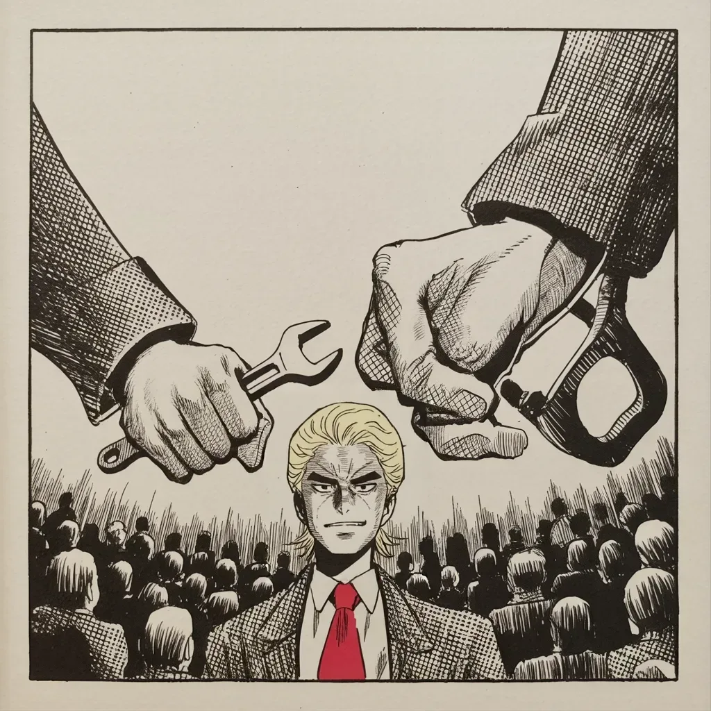 Manga panel 3 of 5, Week 175 “Anonymous”: He compresses the whole midterm into a slogan pitting work against chaos — jobs, not mobs.
