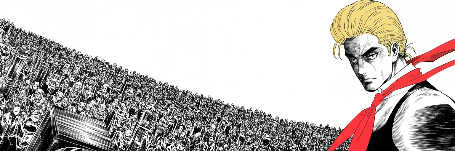 Manga panel 5 of 5, Week 175 “Anonymous”: As the column nears, he raises the alarm to its highest pitch, claiming criminals and unknown outsiders are mixed into the marching thousands.