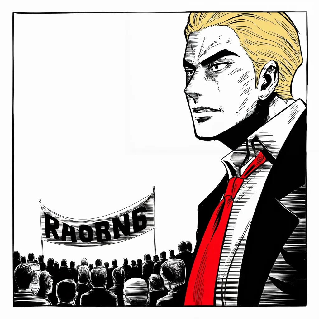 Manga panel 3 of 5, Week 177 “Anonymous”: He hammers the closing slogan again and again — jobs, not mobs — and calls the country to vote.