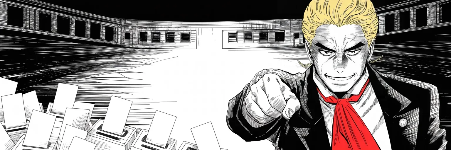 Manga panel 5 of 5, Week 178 “Anonymous”: And as close counts drag on, he cries fraud — votes appearing out of nowhere days after the election. The chapter ends with the shield of Congress broken.
