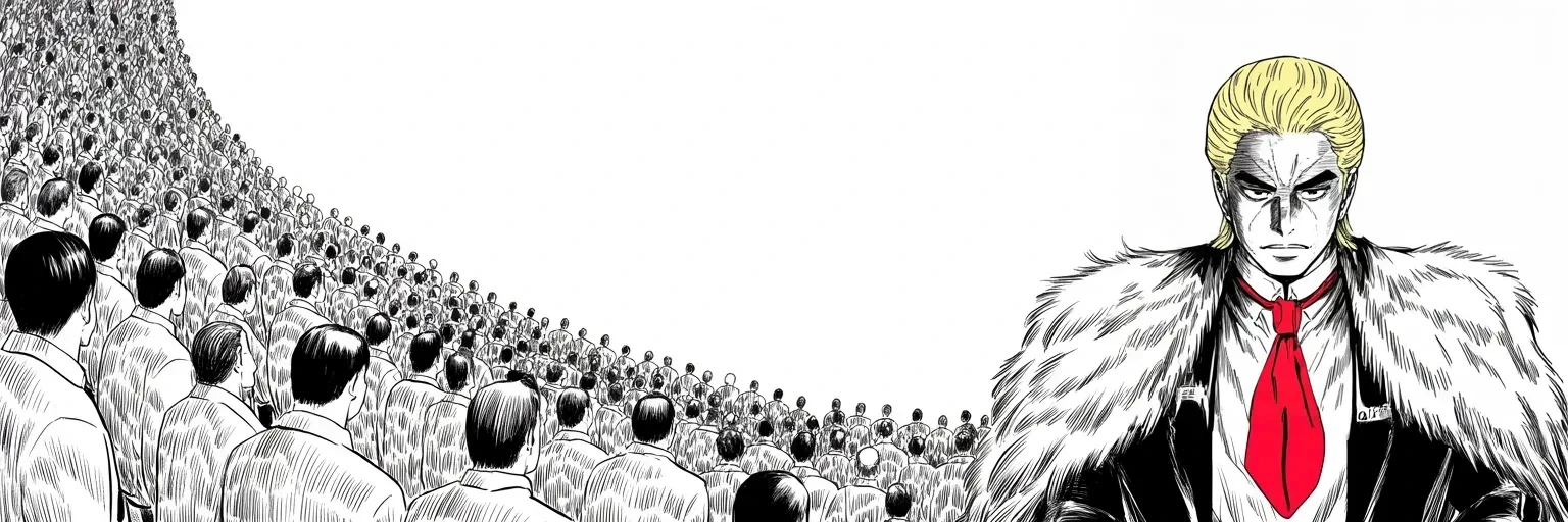 Manga panel 5 of 5, Week 179 “The Shutdown”: A great caravan marches for the border, and he turns their approach into the opening argument for the Wall — the demand that will soon shut the government itself.