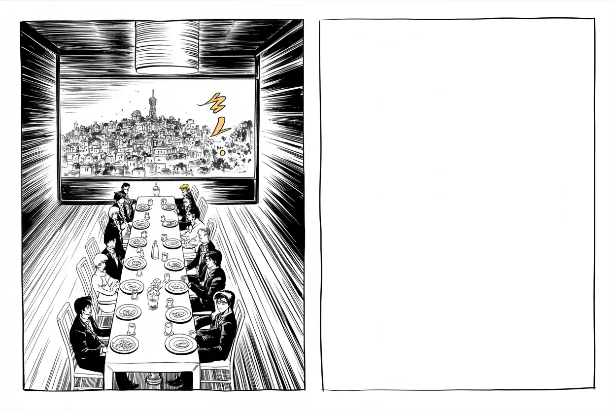 Manga panel 3 of 4, Week 180 “The Shutdown”: In the middle of the siege the holiday arrives, and the king pauses to send the nation his thanks.