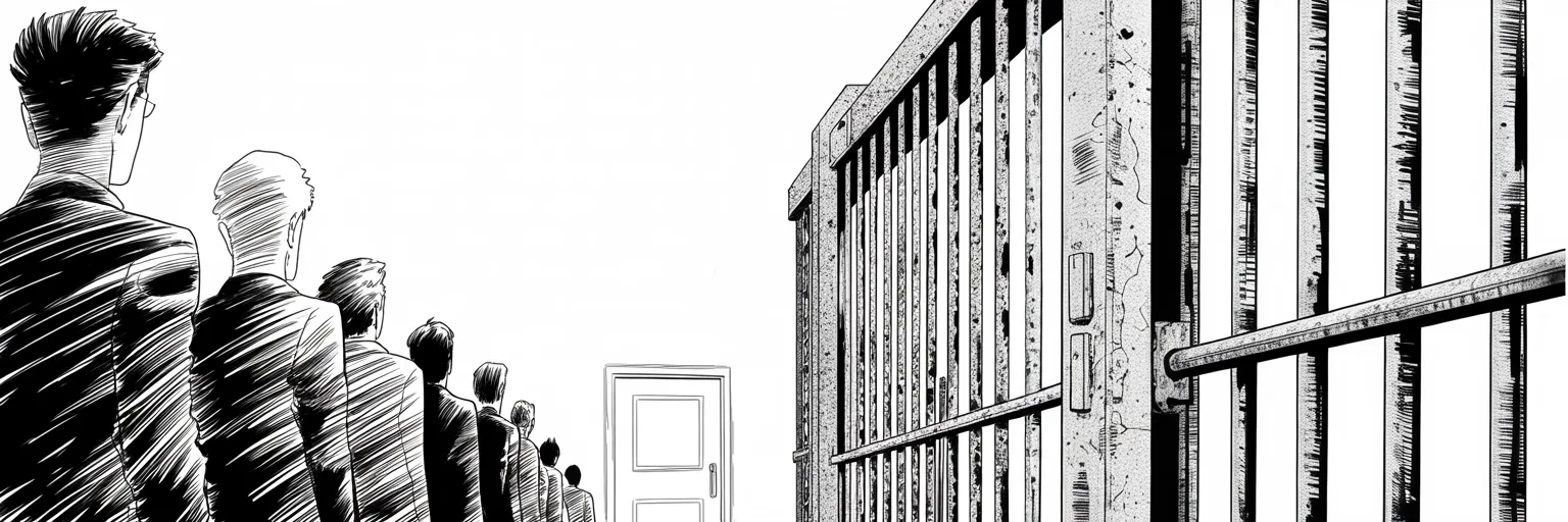 Manga panel 4 of 4, Week 180 “The Shutdown”: The feast over, the wall goes back up: none may pass, he rules, until a court approves each claim one by one. The standoff is set.