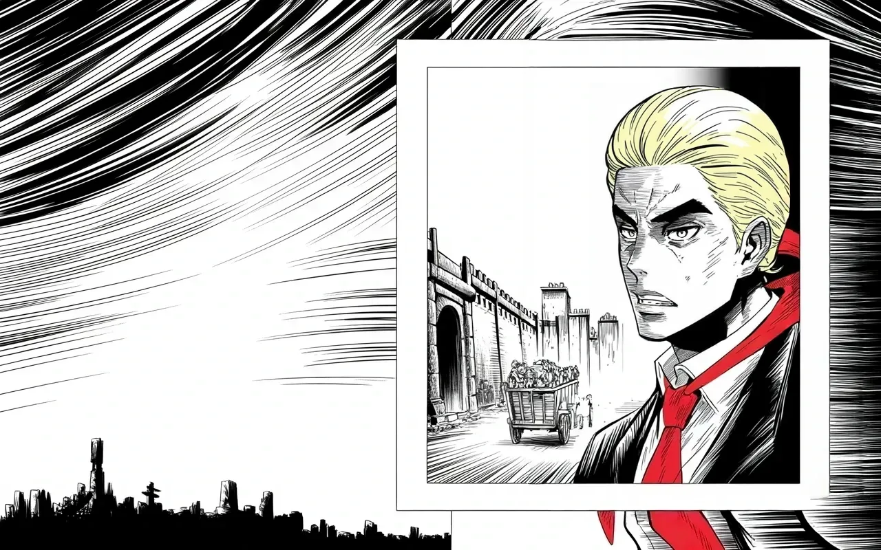 Manga panel 3 of 4, Week 181 “The Shutdown”: And on the far trade front a truce: the great eastern rival agrees to drop its heaviest tariffs, and he counts it a victory.