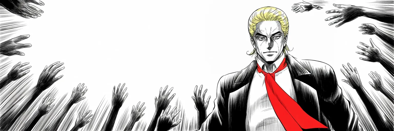 Manga panel 4 of 4, Week 181 “The Shutdown”: But the prosecutor's shadow never lifts. He answers it with a shrug of contempt — a good man, minding his own very legal business, hunted for daring to run.