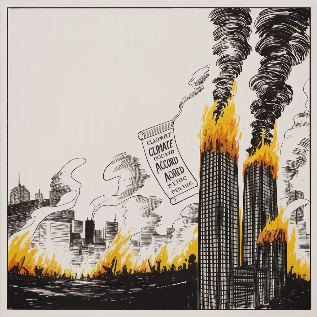 Manga panel 4 of 5, Week 182 “The Shutdown”: Across the sea a foreign capital burns in revolt, and he seizes on it: their grand green accord, he says, is failing its own people.