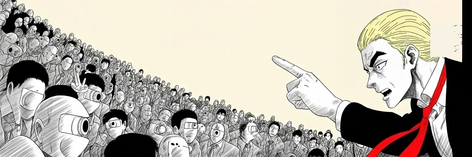 Manga panel 5 of 5, Week 182 “The Shutdown”: And the daily war-cry returns, hurled at the faceless press: they are the enemy of the people.