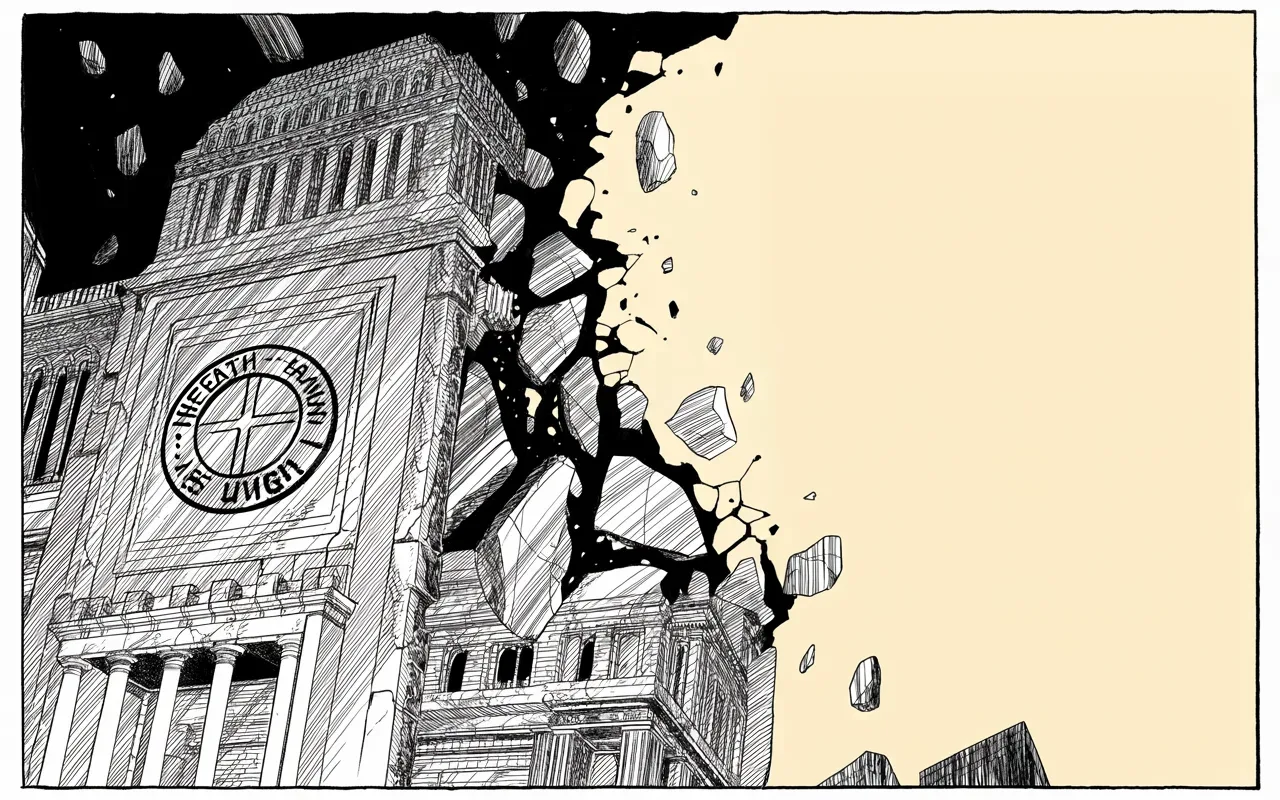 Manga panel 3 of 4, Week 183 “The Shutdown”: Then a distant court strikes down his predecessor's great health-law as unconstitutional, and he hails the ruin as a victory.
