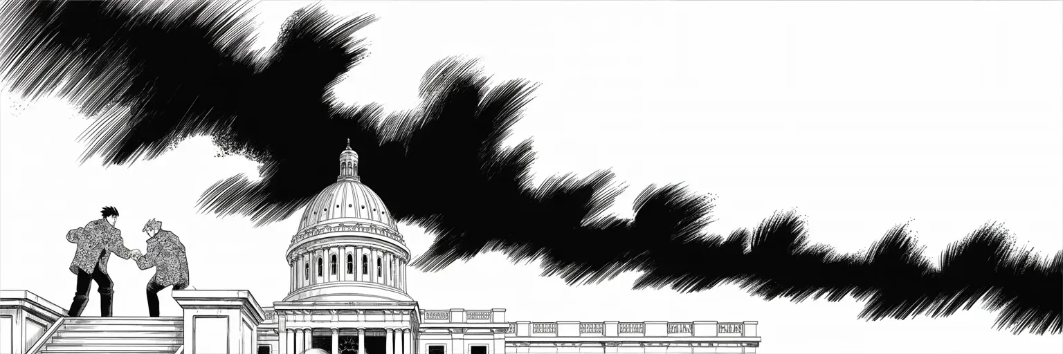 Manga panel 4 of 4, Week 183 “The Shutdown”: Before the cameras he vows to own the coming shutdown himself — then, in the same breath, dares the enemy to spare the nation and simply give in.