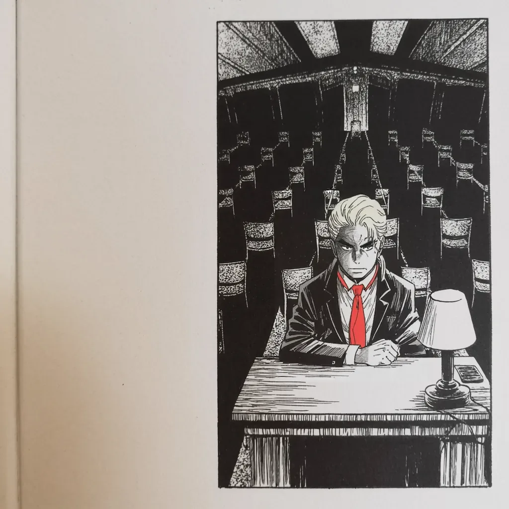 Manga panel 4 of 5, Week 184 “The Shutdown”: Alone in the darkened house on the holiday, he waits for an enemy who has gone home — and pities himself out loud.