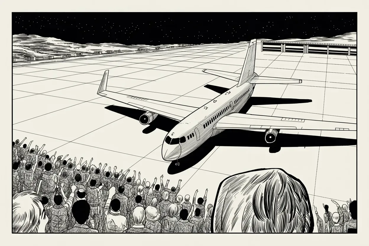 Manga panel 2 of 4, Week 185 “The Shutdown”: In secret he flies across the world to a desert airbase to stand among his troops, and calls it an honor.