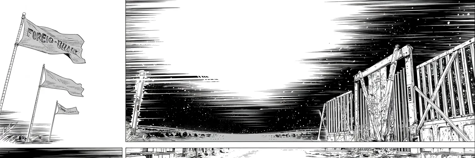 Manga panel 4 of 4, Week 185 “The Shutdown”: The year turns with the siege unbroken, and he sends his New Year's word to the whole nation, friend and foe alike.