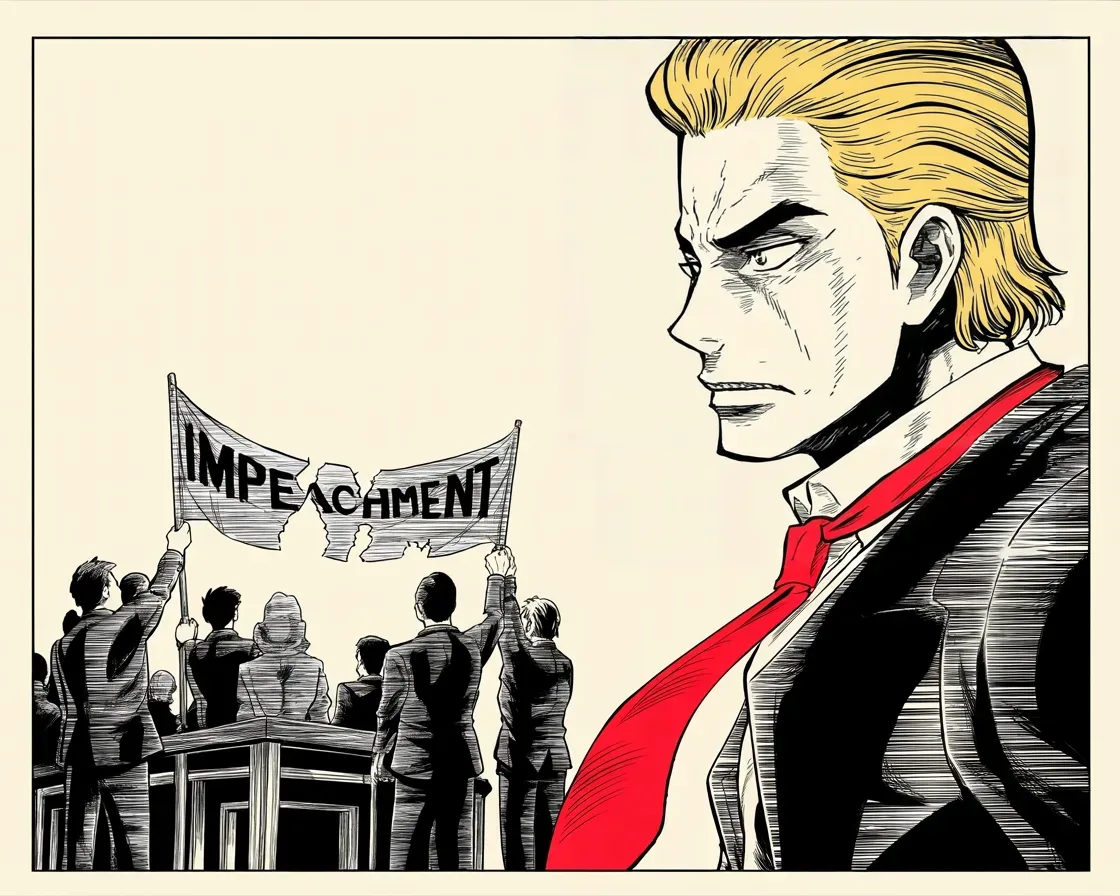 Manga panel 2 of 4, Week 186 “The Shutdown”: He scorns the first whispers of impeachment: how do you unseat a king, he demands, who won the greatest of elections and did nothing wrong?