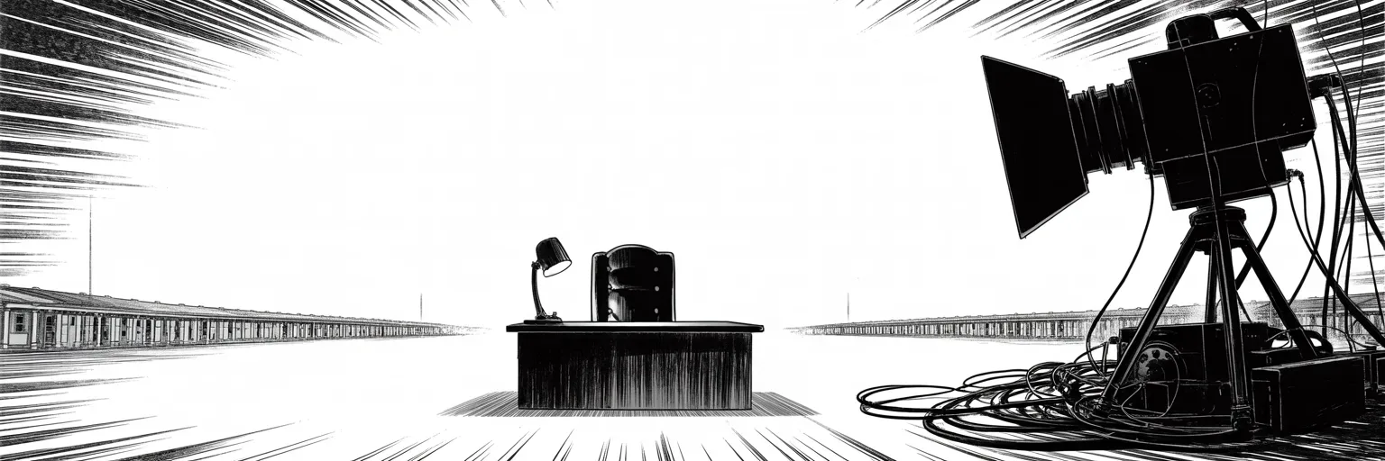 Manga panel 4 of 4, Week 186 “The Shutdown”: Then he seizes the airwaves: he will address the whole nation on the crisis at the border, prime time, from behind the great desk.