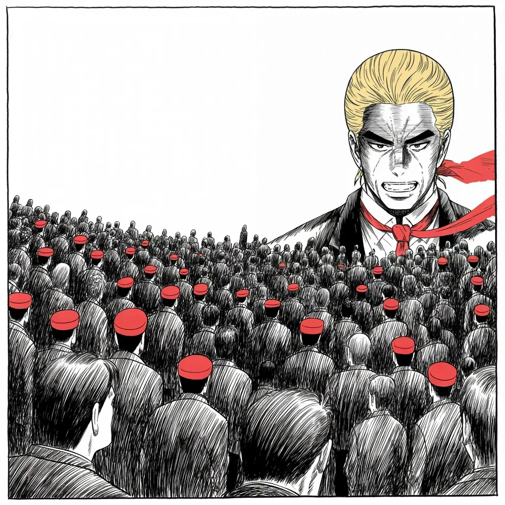 Manga panel 4 of 5, Week 187 “The Shutdown”: To steady himself he turns back to the faithful and the old cry, the promise that carried him this far.