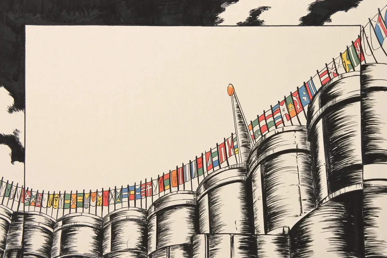 Manga panel 2 of 4, Week 188 “The Shutdown”: He marshals the world as his witness: scores of nations, he says, have built their own walls and found them almost perfectly effective.