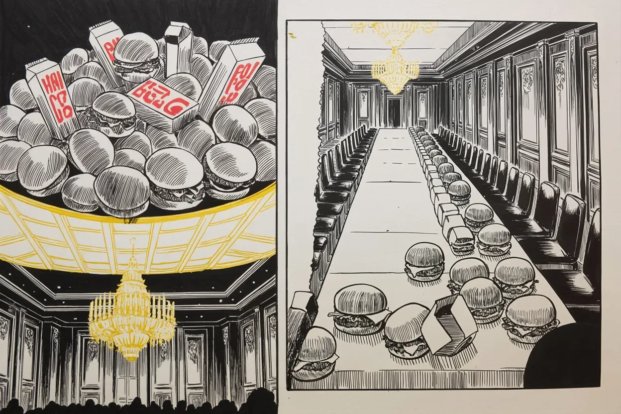 Manga panel 3 of 4, Week 188 “The Shutdown”: With the kitchens shuttered by the shutdown he feasts his champions on mountains of fast food, paid from his own purse.