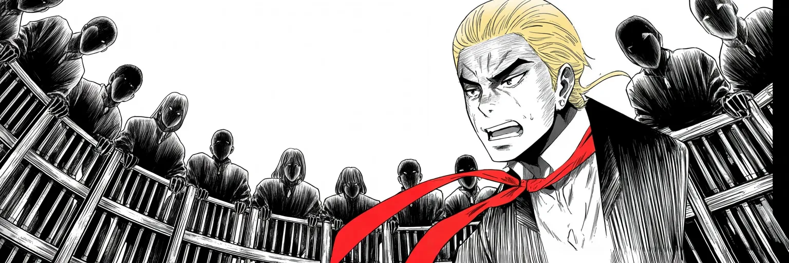 Manga panel 4 of 4, Week 191 “The Report”: But the hunt only widens: a rival inquisitor vows to examine his whole life, and he hurls back his answer — presidential harassment.