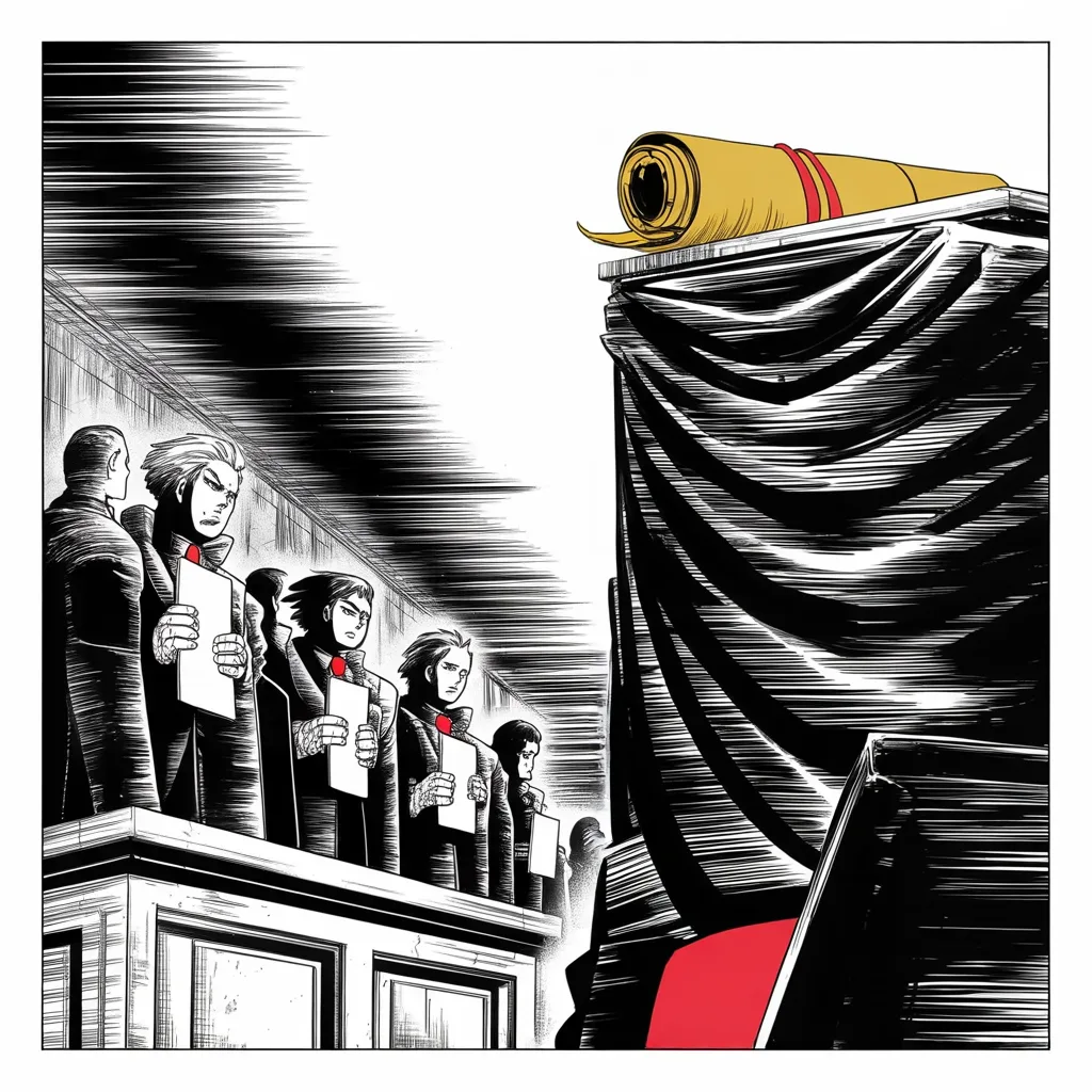 Manga panel 3 of 5, Week 192 “The Report”: Then a hostile tribunal hands him a gift: it finds no evidence of the collusion he has been accused of for two years.